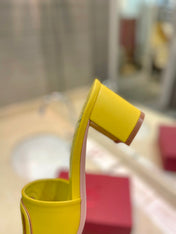 VALENTINO 26S BLOCK-HEEL SANDALS 65 MM IN DARK YELLOW CALFSKIN WITH LOGO
