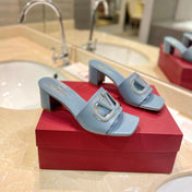 VALENTINO 26S BLOCK-HEEL SANDALS 65 MM IN PASTEL BLUE CALFSKIN WITH LOGO