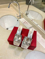 VALENTINO 26S BLOCK-HEEL SANDALS 65 MM IN SILVER CALFSKIN WITH LOGO