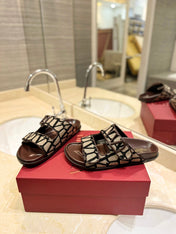 VALENTINO 26S VELCRO SANDALS IN BROWN LEATHER AND BEIGE JACQUARD FABRIC WITH HARDWARE