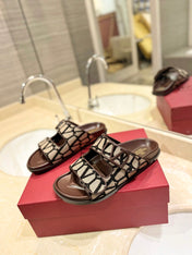 VALENTINO 26S VELCRO SANDALS IN BROWN LEATHER AND BEIGE JACQUARD FABRIC WITH HARDWARE