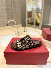 VALENTINO 26S VELCRO SANDALS IN BROWN LEATHER AND BEIGE JACQUARD FABRIC WITH HARDWARE