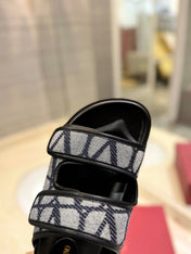 VALENTINO 26S VELCRO SANDALS IN BEIGE AND BLACK JACQUARD FABRIC