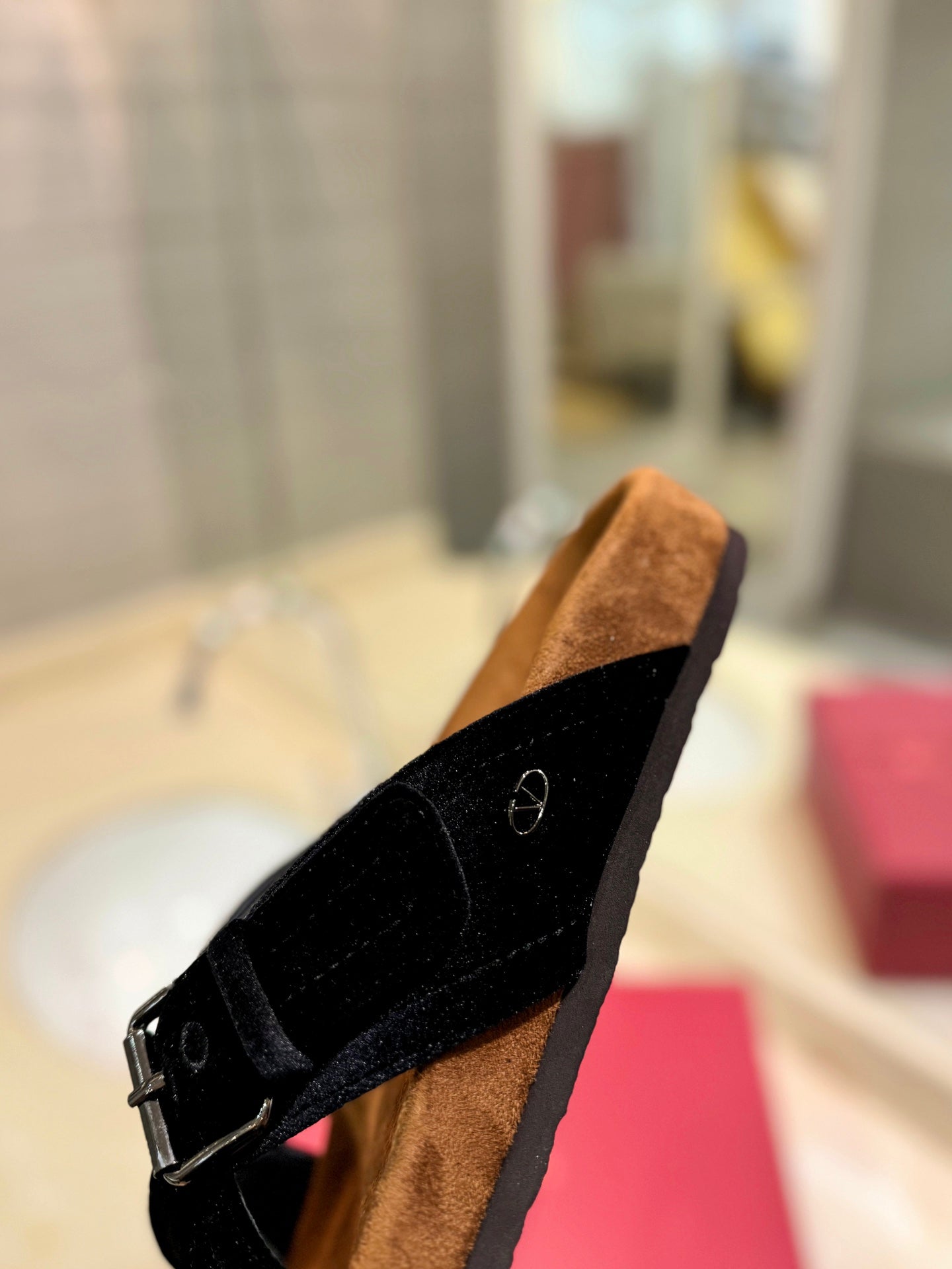 VALENTINO 26S CROSS STRAP SANDALS IN BLACK VELVET MIX BROWN SUEDE