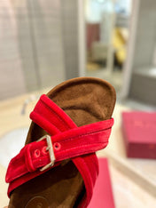 FUSSFRIEND CHERRY RED SILK VELVET SLIDE SANDALS