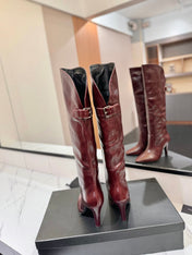 CLASSIC HIGH KNEE BOOTS IN BURGUNDY RED CALFSKIN
