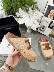 CELINE 26S TRIOMPHE MULES IN BEIGE RAFFIA AND BROWN CALFSKIN
