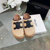CELINE 26S TRIOMPHE MULES IN BEIGE RAFFIA AND BLACK CALFSKIN
