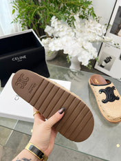 CELINE 26S TRIOMPHE MULES IN BEIGE RAFFIA AND BLACK CALFSKIN