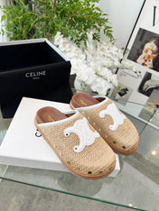 CELINE 26S TRIOMPHE MULES IN BEIGE RAFFIA AND WHITE CALFSKIN