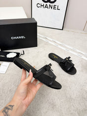 CHANEL 26S SLIDE SANDALS IN BLACK MESH AND CALFSKIN WITH RIBBON