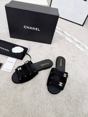 CHANEL 26S DOUBLE STRAP SLIDE SANDALS IN BLACK SUEDE AND CALFSKIN