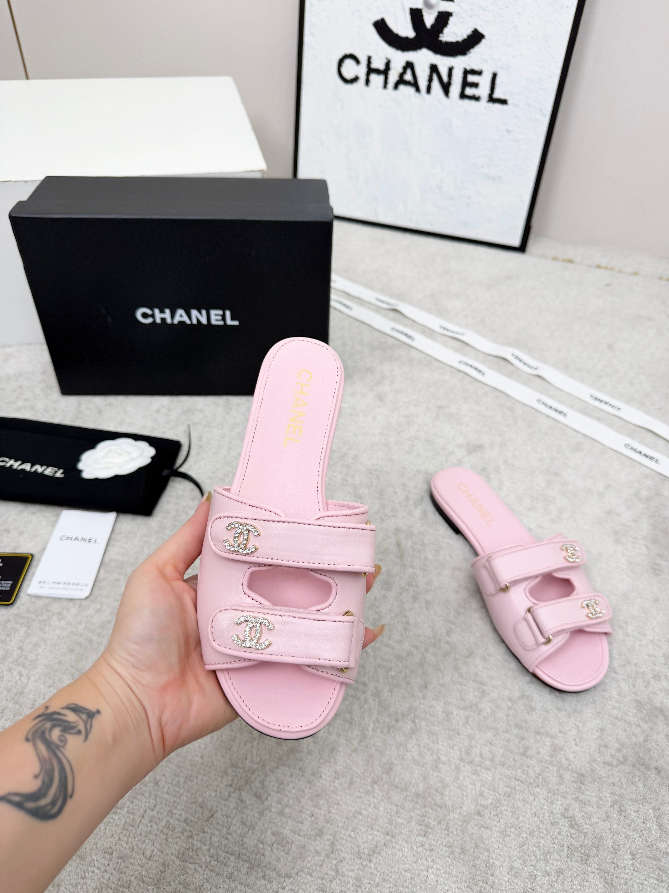 CHANEL 26S DOUBLE STRAP SLIDE SANDALS IN PINK CALFSKIN