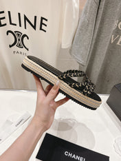 WOVEN STRAP SLIPPERS IN BLACK LAMBSKIN