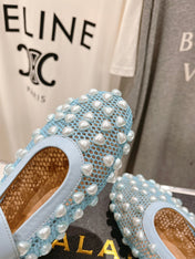ALAIA PEARL MARY JANE SHOES IN LIGHT BLUE MESH AND CALFSKIN