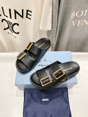 PRA STRAP SLIDES SANDALS BLACK CALFSKIN