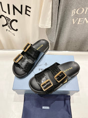 PRA CROCODILE MOTIF STRAP SLIDES SANDALS BLACK CALFSKIN