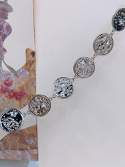 TWISTED CHAIN BELT WITH RHINESTONES AND LOGO PLATE IN SILVER TONE