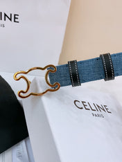 CELINE 25S BELT TRIOMPHE TAURILLON 25MM IN BLACK CALFSKIN AND DENIM 558348