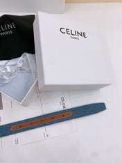CELINE 25S BELT TRIOMPHE TAURILLON 25MM IN BROWN CALFSKIN AND DENIM 558352