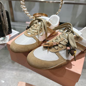 MIUMIU 26S LACE UP SNEAKERS IN BEIGE SUEDE WHITE FABRIC CHARM DETAIL