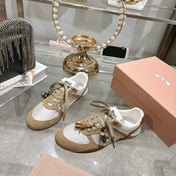 MIUMIU 26S LACE UP SNEAKERS IN BEIGE SUEDE WHITE FABRIC CHARM DETAIL