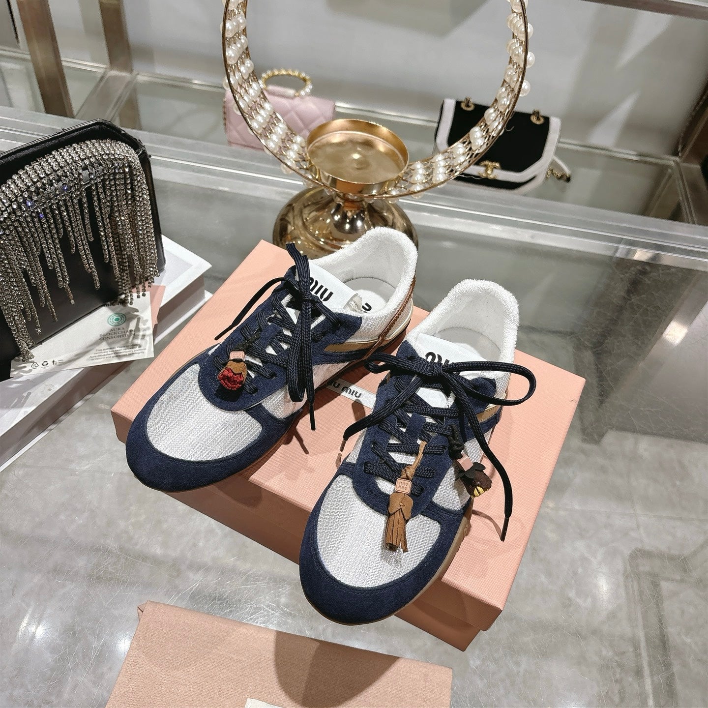 MIUMIU 26S LACE UP SNEAKERS IN NAVY BLUE SUEDE WHITE FABRIC CHARM DETAIL