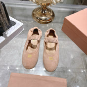 MIUMIU 26S MARY JANE FLATS IN LIGHT PINK SUEDE ELASTIC STRAP