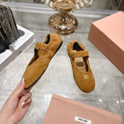 MIUMIU 26S MARY JANE FLATS IN BROWN SUEDE ELASTIC STRAP