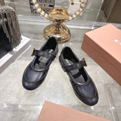 MIUMIU 26S MARY JANE FLATS IN BLACK CALFSKIN GOLD BUCKLE