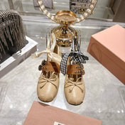 MIUMIU 26S SLINGBACK BALLET FLATS IN BEIGE CALFSKIN AND BROWN STRAP RIBBON