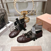 MIUMIU 26S SLINGBACK BALLET FLATS IN DARK BROWN CALFSKIN AND BLACK STRAP RIBBON