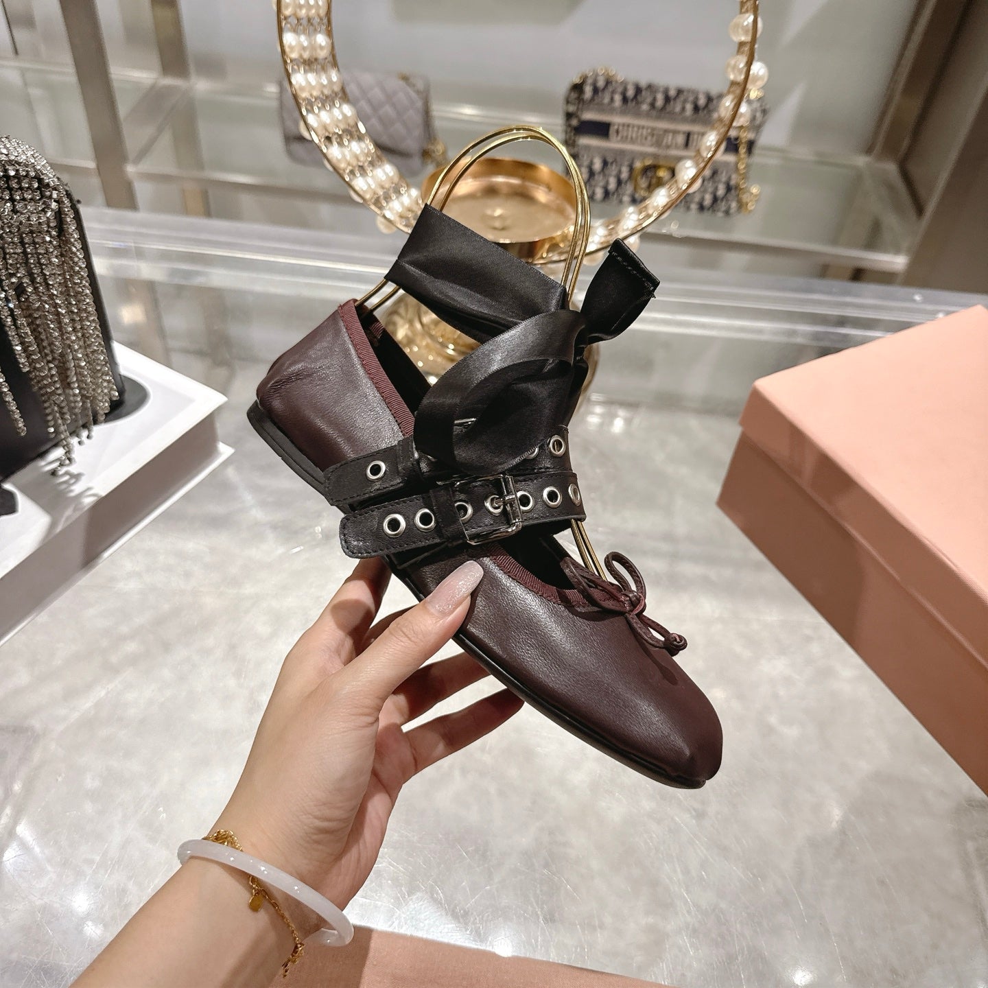 MIUMIU 26S SLINGBACK BALLET FLATS IN DARK BROWN CALFSKIN AND BLACK STRAP RIBBON