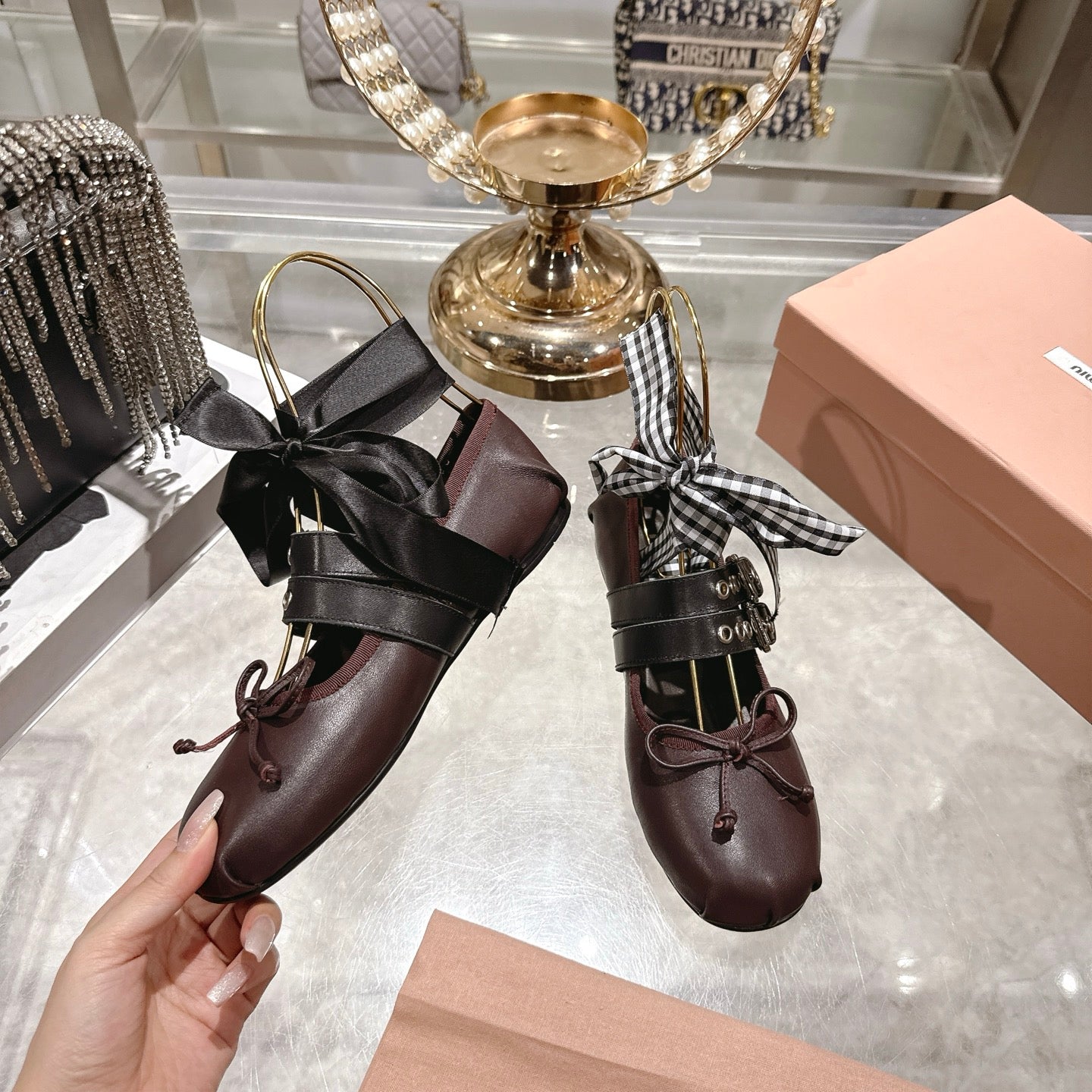 MIUMIU 26S SLINGBACK BALLET FLATS IN DARK BROWN CALFSKIN AND BLACK STRAP RIBBON