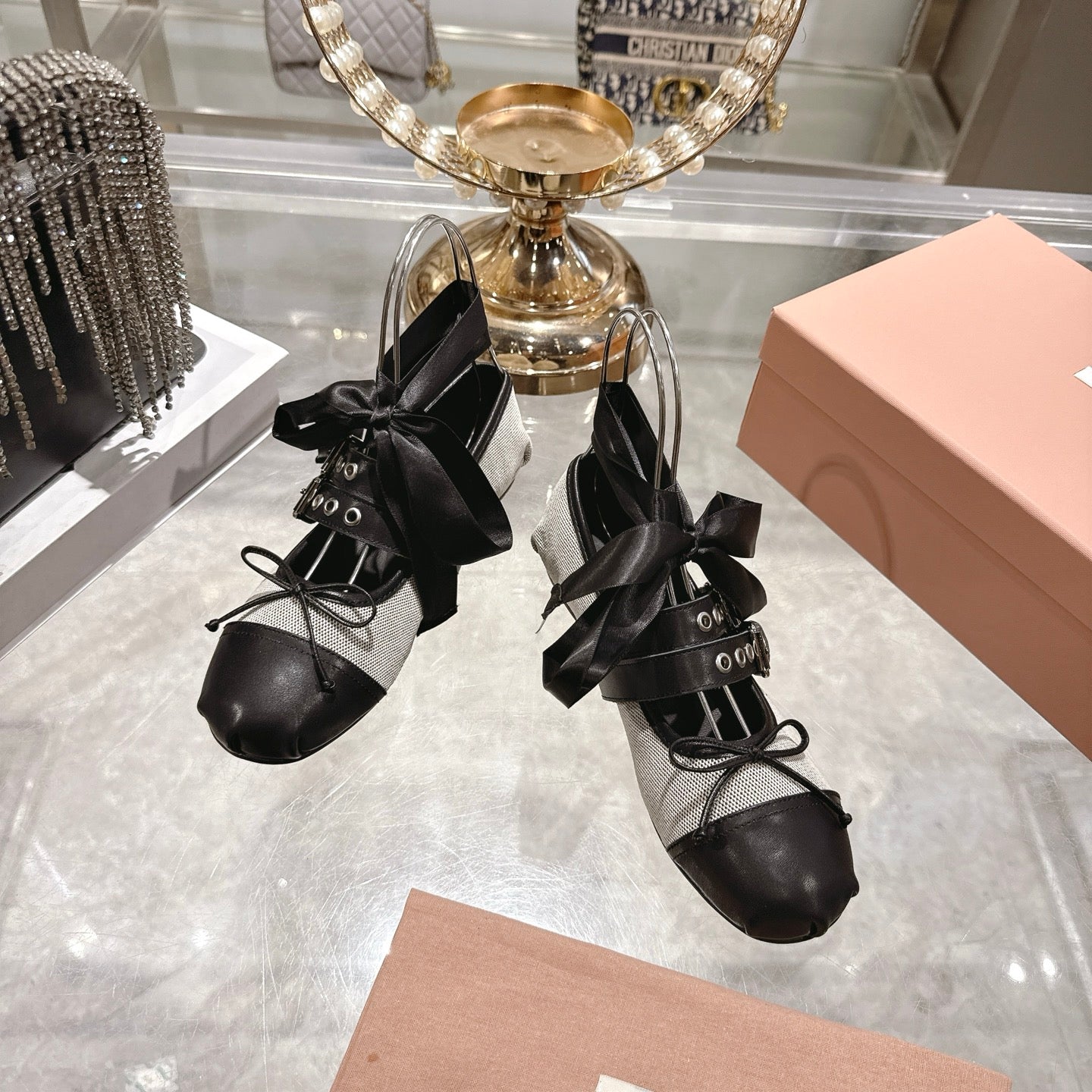 MIUMIU 26S SLINGBACK BALLET FLATS IN BLACK CALFSKIN AND BEIGE CANVAS RIBBON