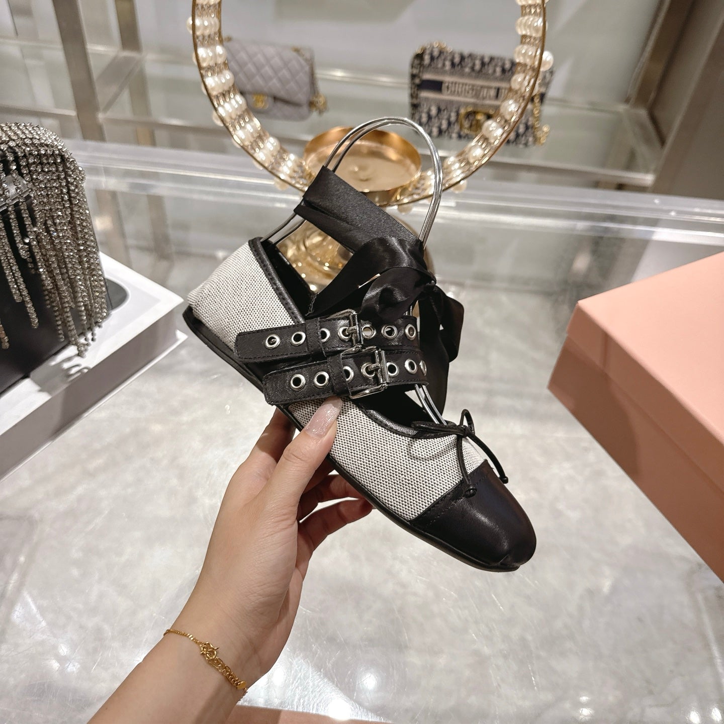 MIUMIU 26S SLINGBACK BALLET FLATS IN BLACK CALFSKIN AND BEIGE CANVAS RIBBON