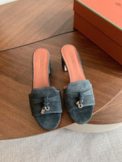 LP 26S SUMMER MULE HEELS 60MM IN DARK GREY SUEDE GOLD HARDWARE
