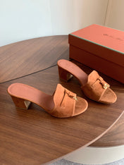 LP 26S SUMMER MULE HEELS 60MM IN CARAMEL BROWN SUEDE GOLD HARDWARE