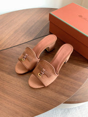 LP 26S SUMMER MULE HEELS 60MM IN DUSTY ROSE BROWN CANVAS AND CALFSKIN GOLD HARDWARE