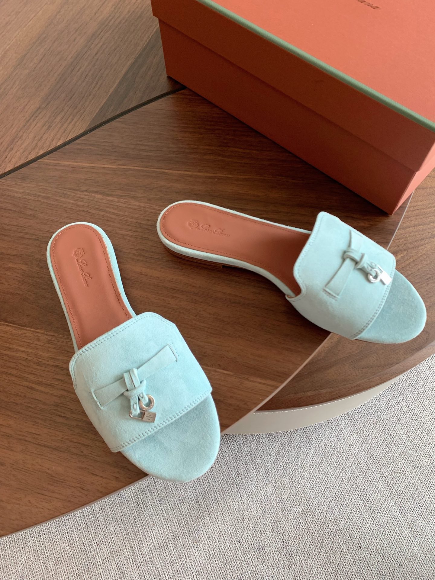 LP 26S SUMMER CHARMS SLIDES IN MINT BLUE SUEDE SILVER HARDWARE