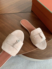 LP 26S SUMMER CHARMS SLIDES IN LIGHT GREY SUEDE GOLD HARDWARE