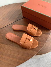 LP 26S SUMMER CHARMS SLIDES IN CARAMEL BROWN SUEDE GOLD HARDWARE