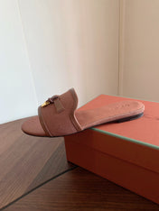 LP 26S SUMMER CHARMS SLIDES IN DUSTY ROSE BROWN CANVAS AND CALFSKIN GOLD HARDWARE