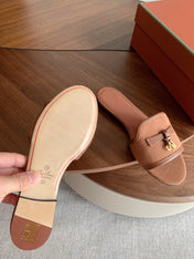 LP 26S SUMMER CHARMS SLIDES IN CARAMEL BROWN CANVAS AND CALFSKIN GOLD HARDWARE