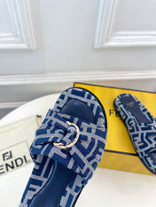FENDI FLAT SLIPPER IN NAVY BLUE MONOGRAM JACQUARD FABRIC WITH GOLD HARDWARE