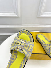 FENDI FLAT SLIPPER IN YELLOW MIX GREY MONOGRAM JACQUARD FABRIC WITH GOLD HARDWARE