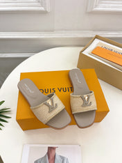 LV WOMEN CAPRI FLAT MULES IN TAN BROWN LEATHER AND RAFFIA