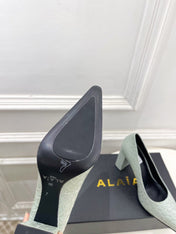 ALAIA 26S HIGH HEELS 95 MM IN SAGE GREEN CROCODILE-EMBOSSED CALFSKIN