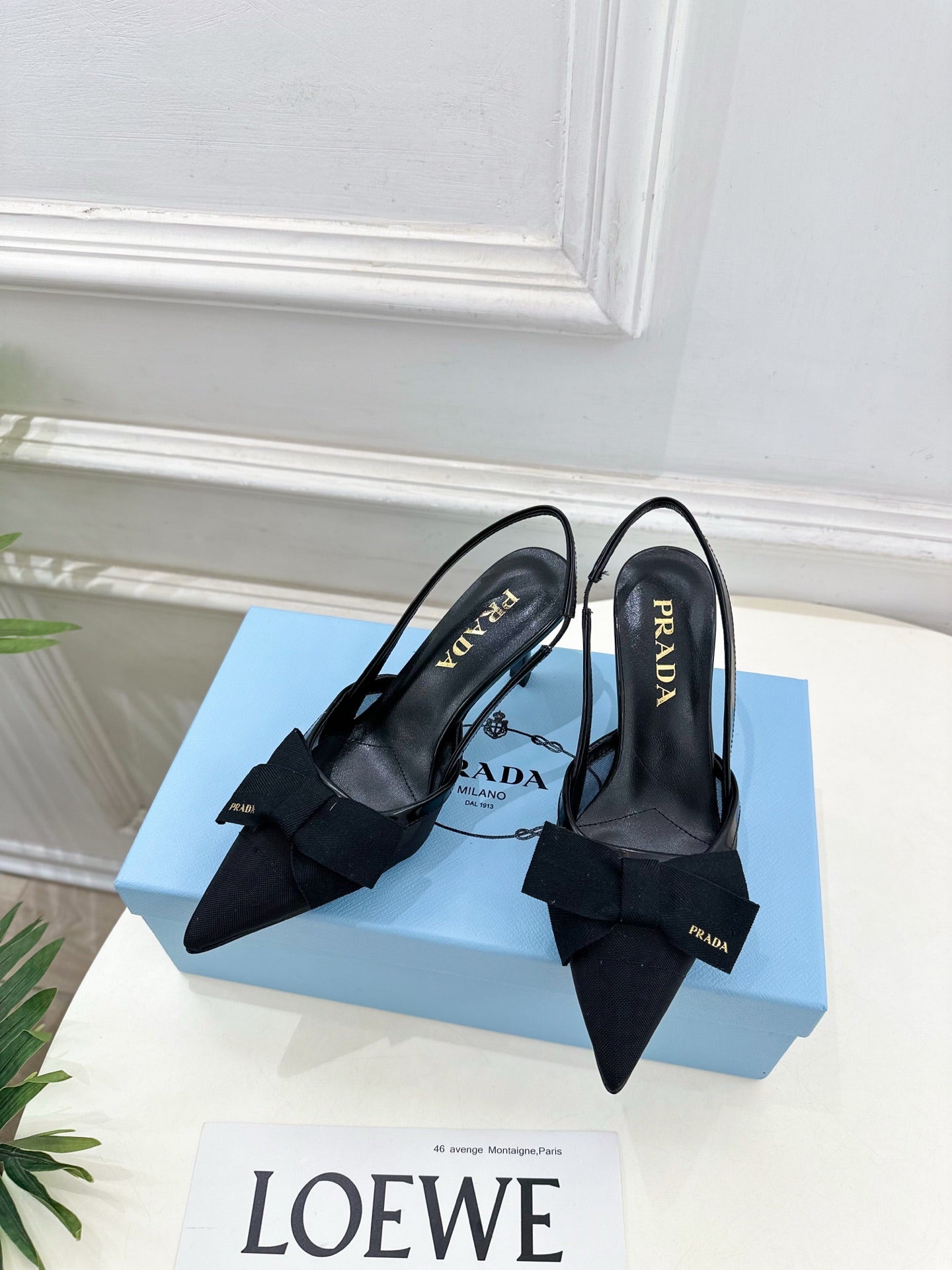 PRADA 26S POINTED-TOE SLINGBACK HEELS 75MM IN BLACK MESH WITH BLACK BOW