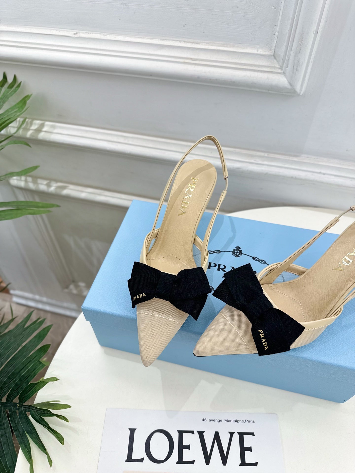 PRADA 26S POINTED-TOE SLINGBACK HEELS 75MM IN BEIGE MESH WITH BLACK BOW